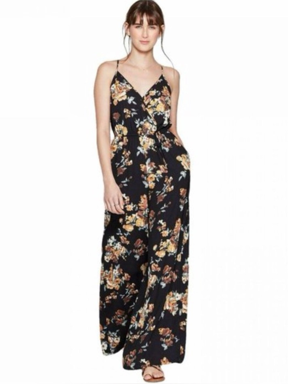 Black Floral V-Neck Wide-Leg Jumpsuit